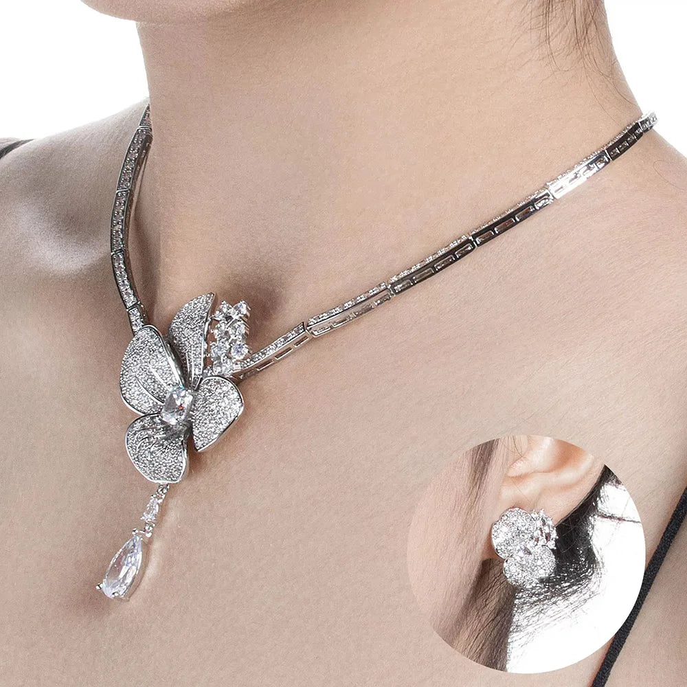 Cubic Zircon Crystal White Flower Women Choker Necklace and Earrings Bridal Jewelry Set for Wedding Dress Accessories S-338