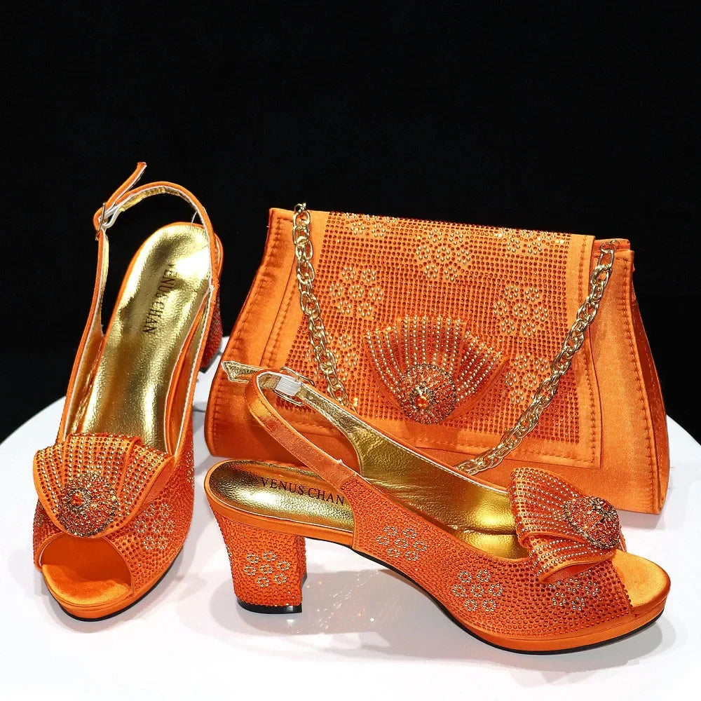 Ladies Thin Heels Shoes and Bag Set Decorated with Rhinestones For Women Party