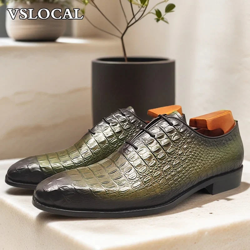 Luxury Men Oxford Shoes Green Black Croco Print Casual Mens Dress Shoes Lace up Wedding Office Genine Leather shoes men