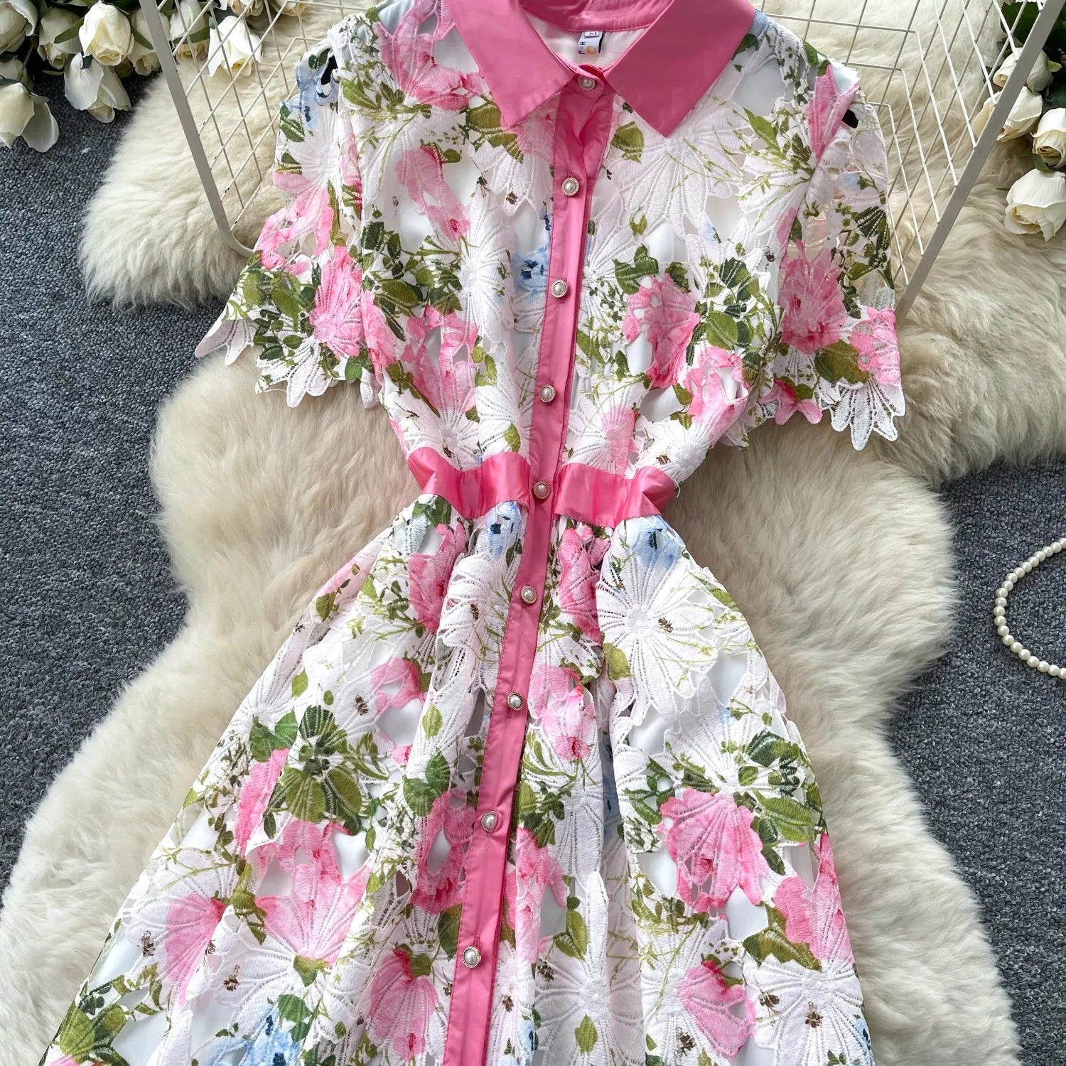 Embroidery Flower Vacation Dress French Style Blet Lapel Slim High Quality Hollow Out Ladies Elegant A-line Long Dress