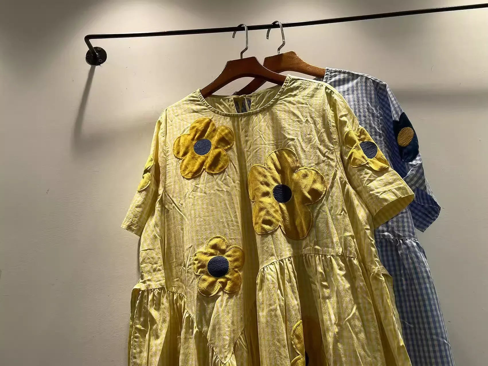2026 girl sweet blue yellow striped floral embroider patchwork dress for women summer Japan style 100% cotton long dress