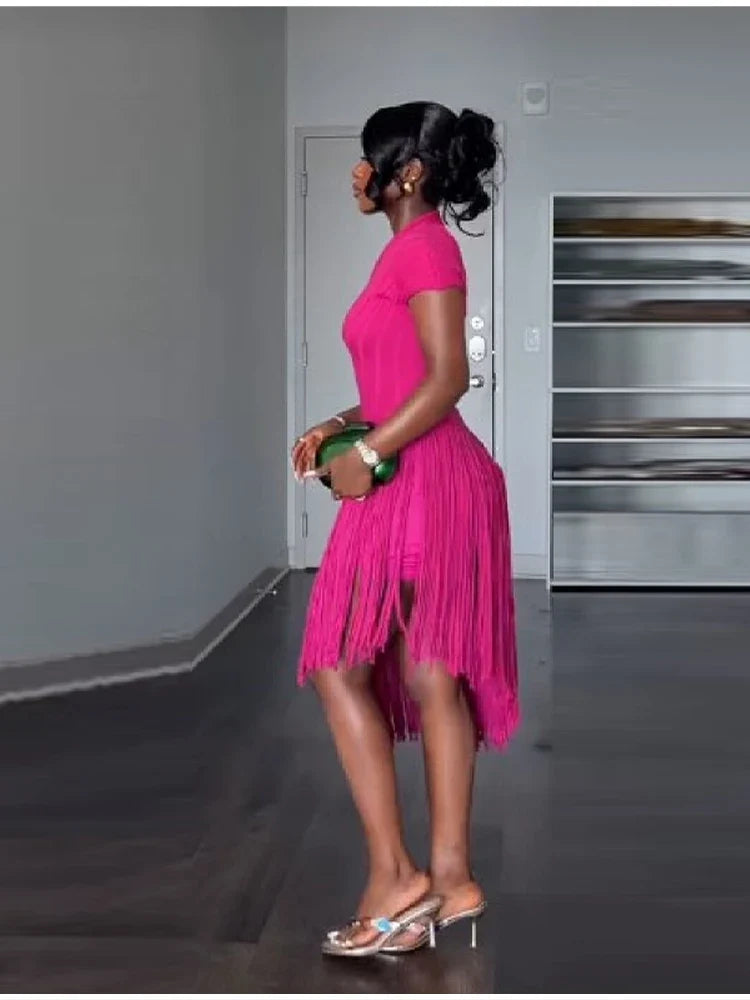 Women's summer Trend Sexy Fringe Pure Color Skirt Irregular Cut Backless Sleeveless Party Dresses Stylish Date Club Evening Gown