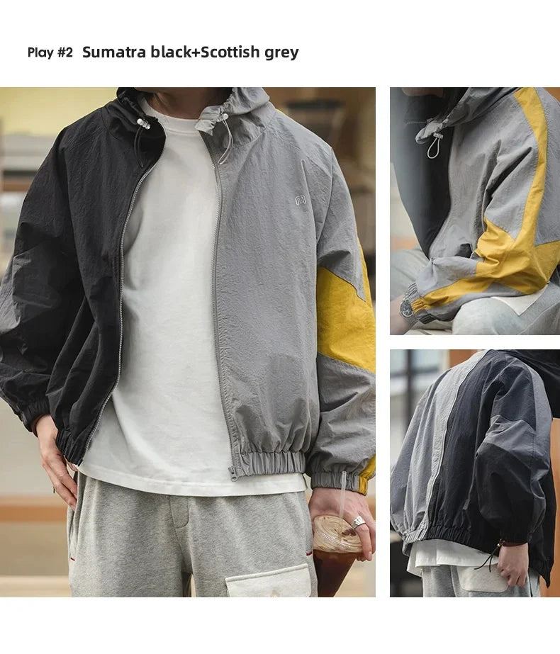 Casual Detachable Double Zipper Patchwork Jackets Stand-up Collar Loose Fit Letter Jacket For Men's Spring and Fall Coat