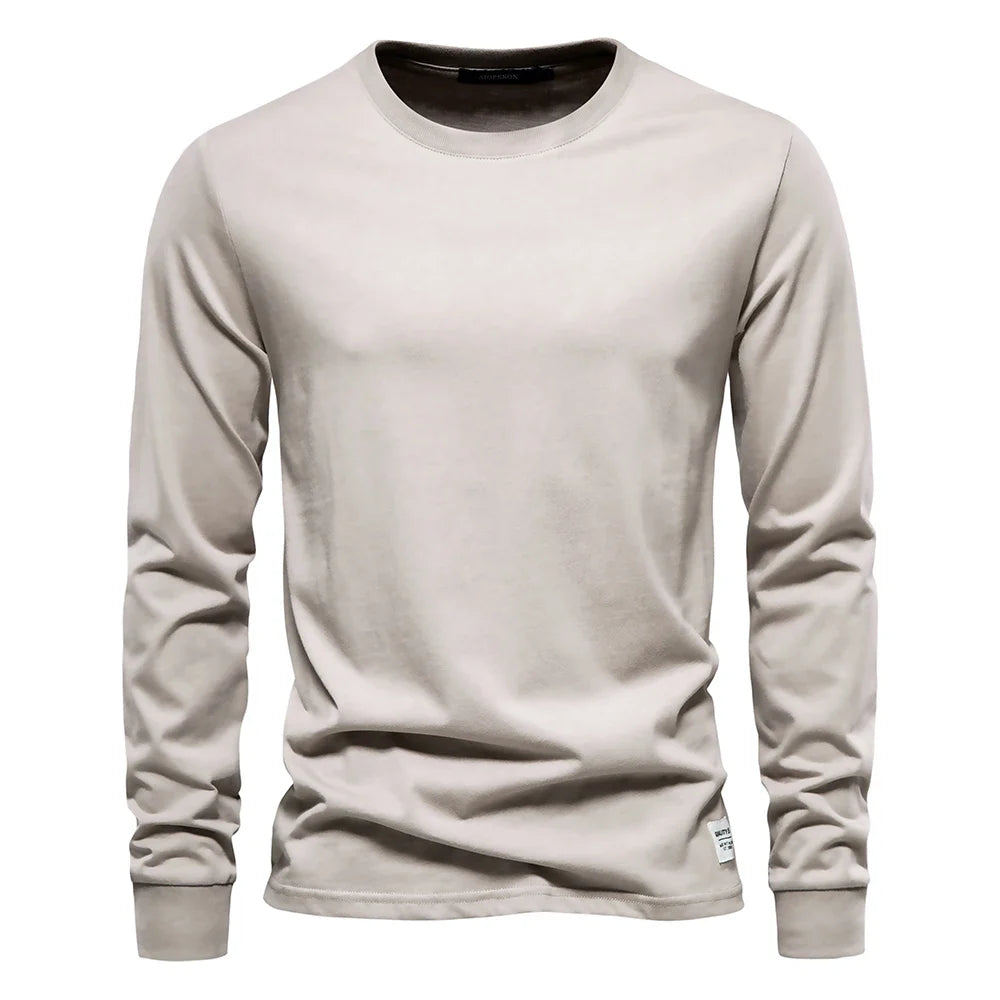 Solid Color Cotton T Shirt Men Casual O-neck Long Sleeved Mens Tshirts Spring Autumn High Quality Basic T-shirt Male