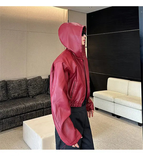Spring Autumn Short Waterproof Black Pu Leather Jacket Men Hood Zipper High Waist Loose Casual Korean Fashion 2025