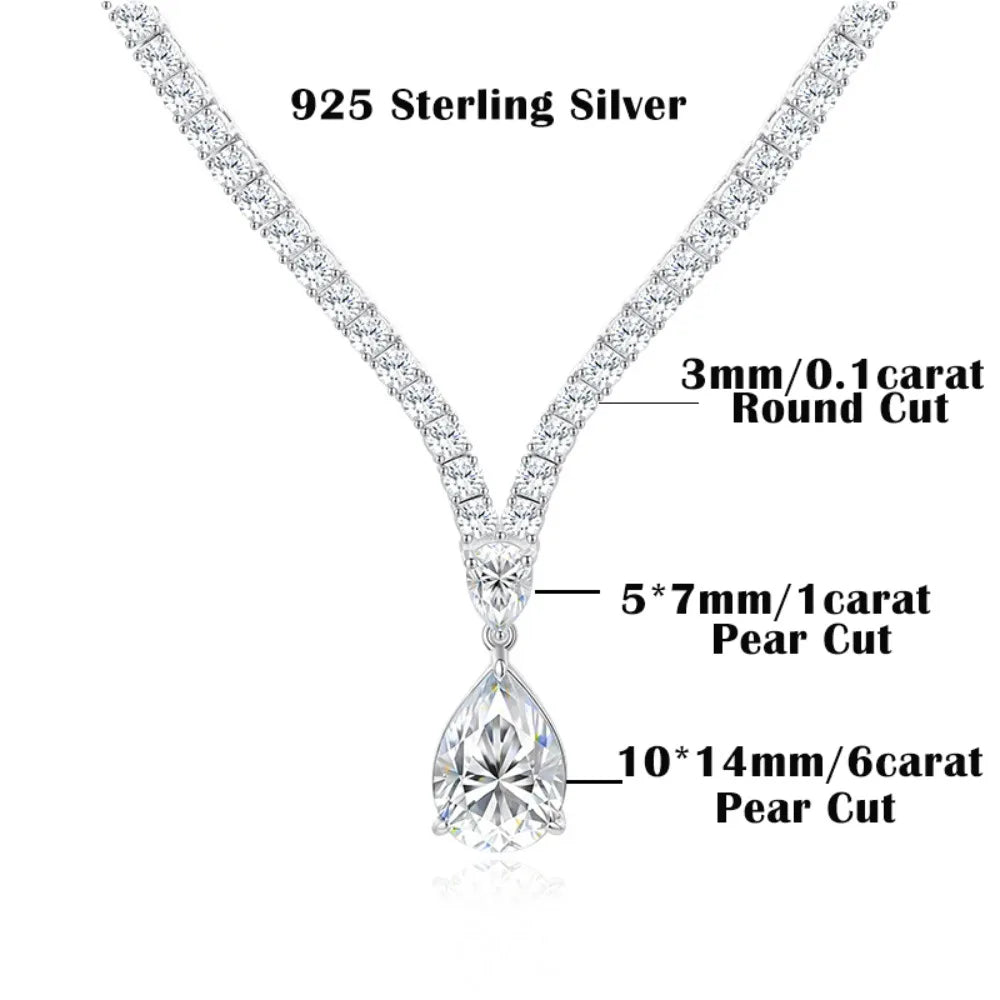 V-shape Moissanite Tennis Necklace for Women with 6Carat WaterDrop Pear Cut Diamond Pendant Riviera Necklace with Certificates