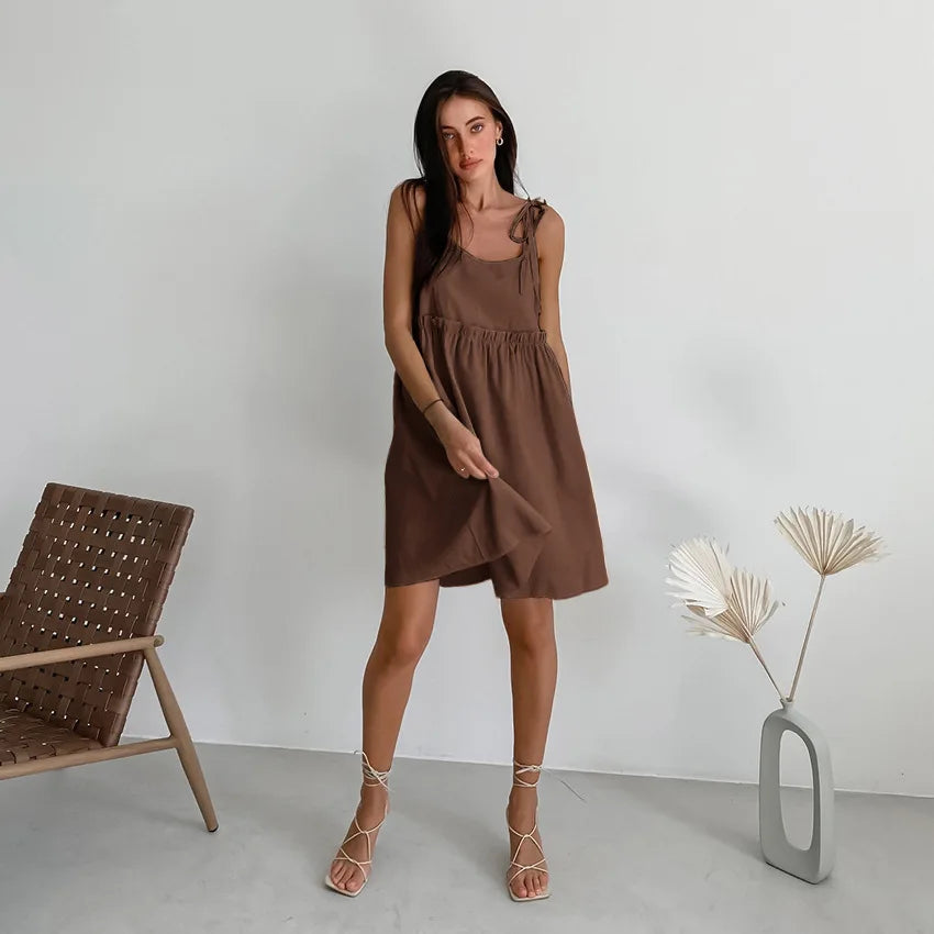 Women's Cotton Linen Spaghetti Strap Mini Dress Summer Loose A-Line Beach Vacation Dress Female Fashion Streetwear Dress