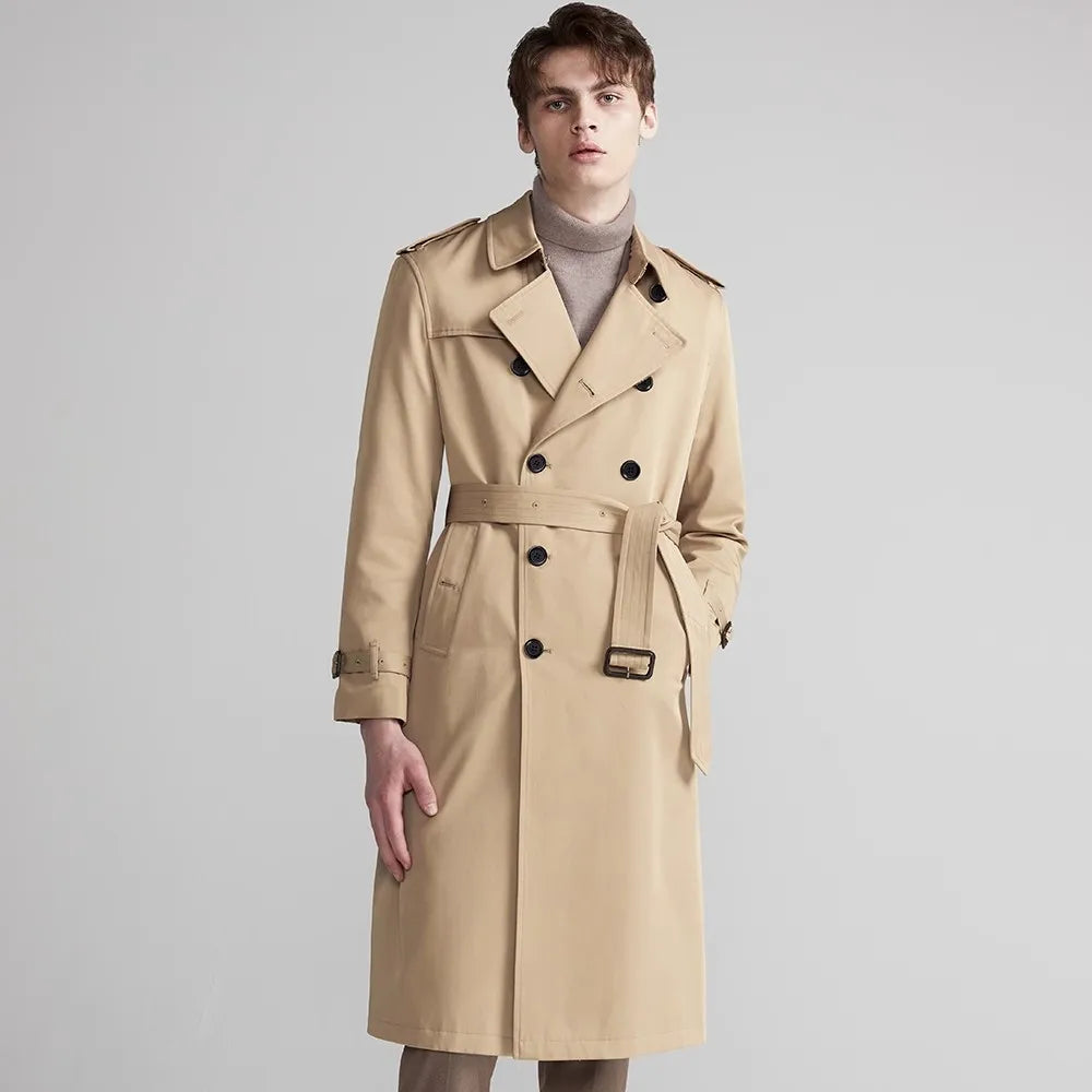 Spring Autumn Long Chic Khaki Trench Coat Men Belt Double Breasted Elegant Luxury British Style Black Overcoat 2025