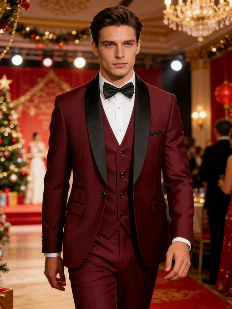 Men's 3 Piece Tuxedo Suit Set One Button Satin Shawl Lapel Slim Fit Blazer Vest Pants For Formal Business Wedding Groom