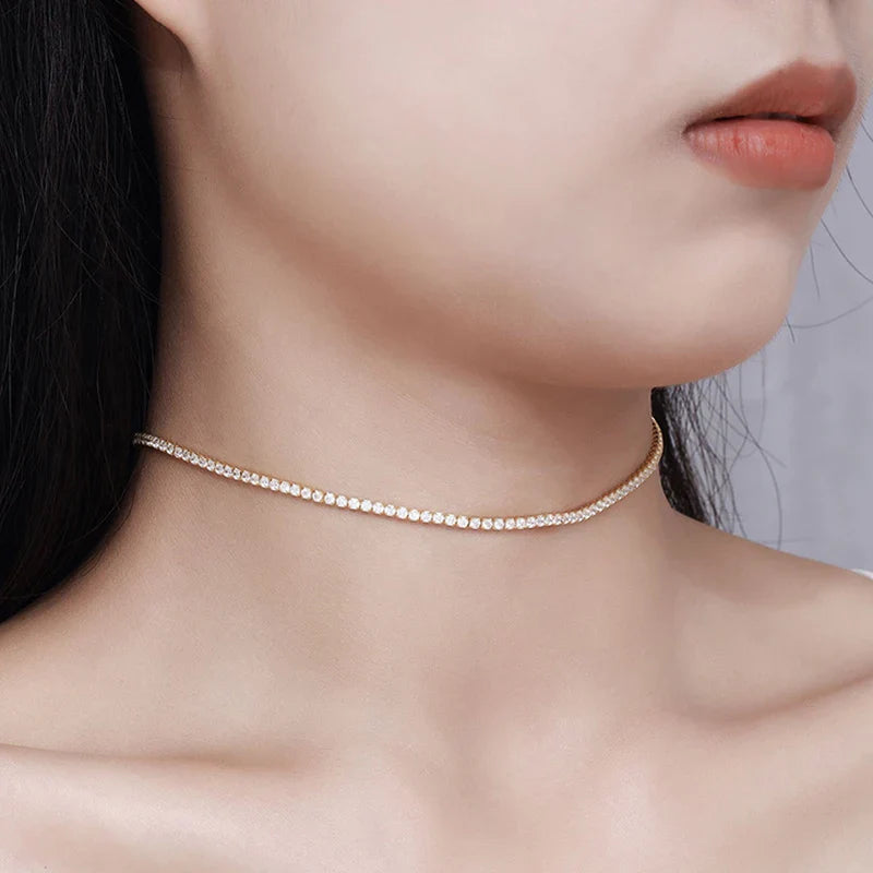 Adjustable Full 2mm 0.03CT D Color Moissanite Tennis Necklace for Women 925 Silver Plated 18K Gold Choker Neck Chain Gift