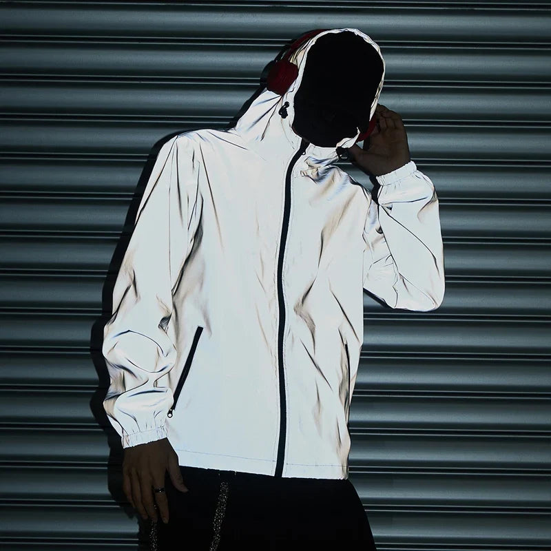 Night Reflective Clothes Spring New Men's Hooded Jacket Outdoor Run Casual Windproof Coat Couples Hip-hop Streetwear S-5XL