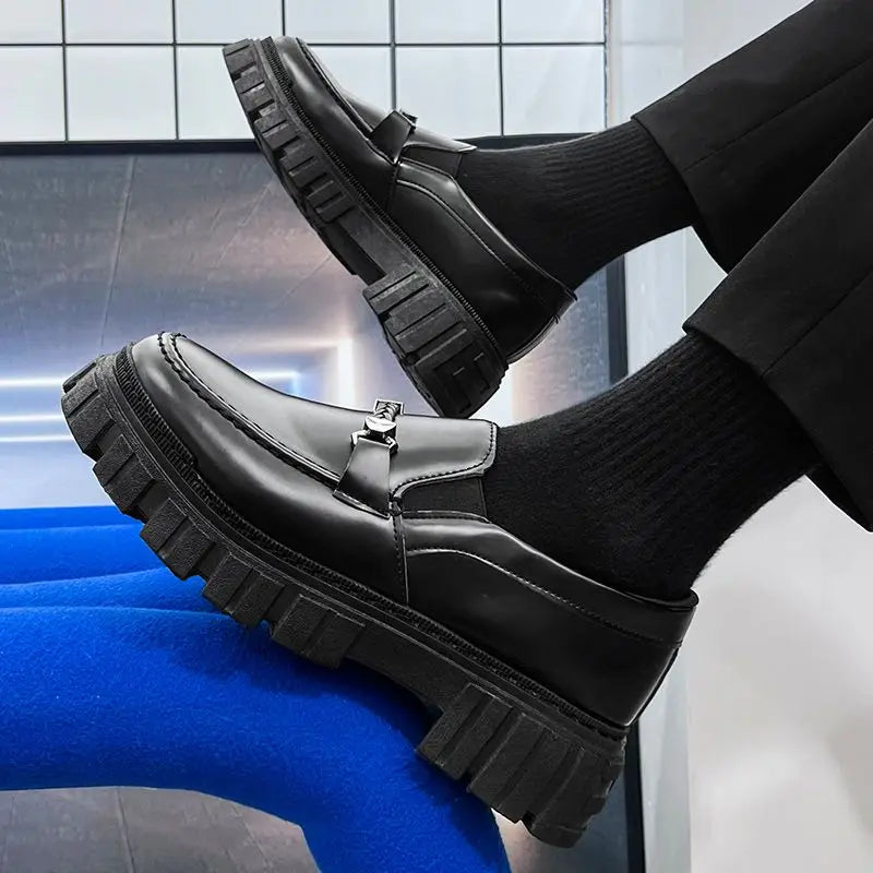 Man Casual Loafers Shoe Black Business Leather Shoes for Men Round Toe Height Increasing Platform Footwear Offer Shipping Free