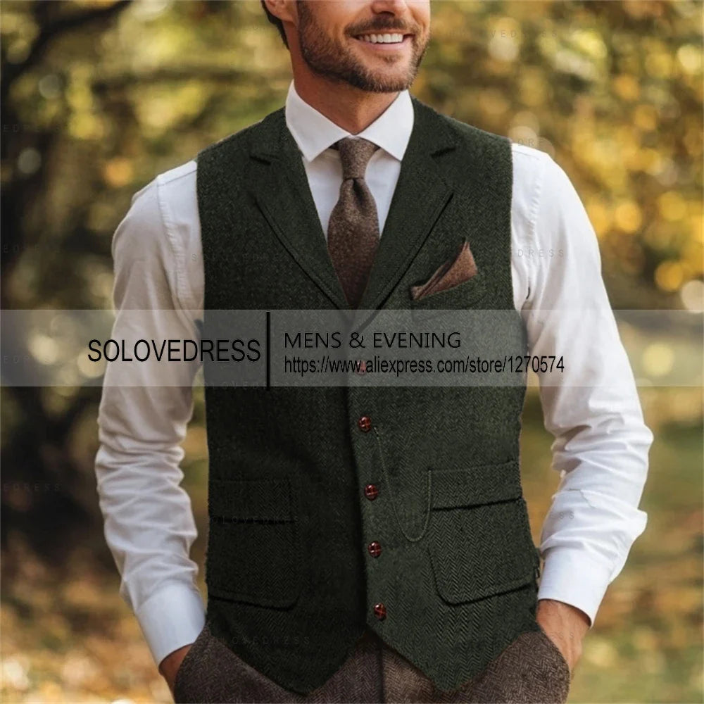 Lapel Neck Single Breasted Herringbone Vest 3 Real Pocket Wedding Slim Fit Waistcoat For Men