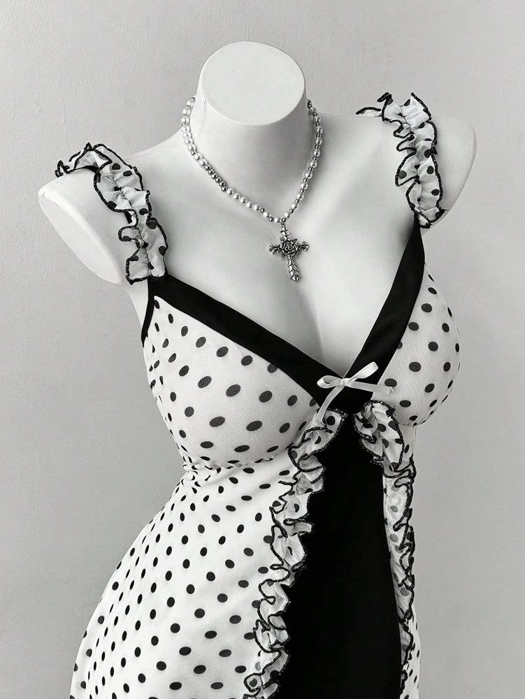 Plus Size Y2K Polka Dot Dress, Ruffle Trim Bow Front Cami Mini Dress, Sexy Sweet Coquette Style Party Dress for Women