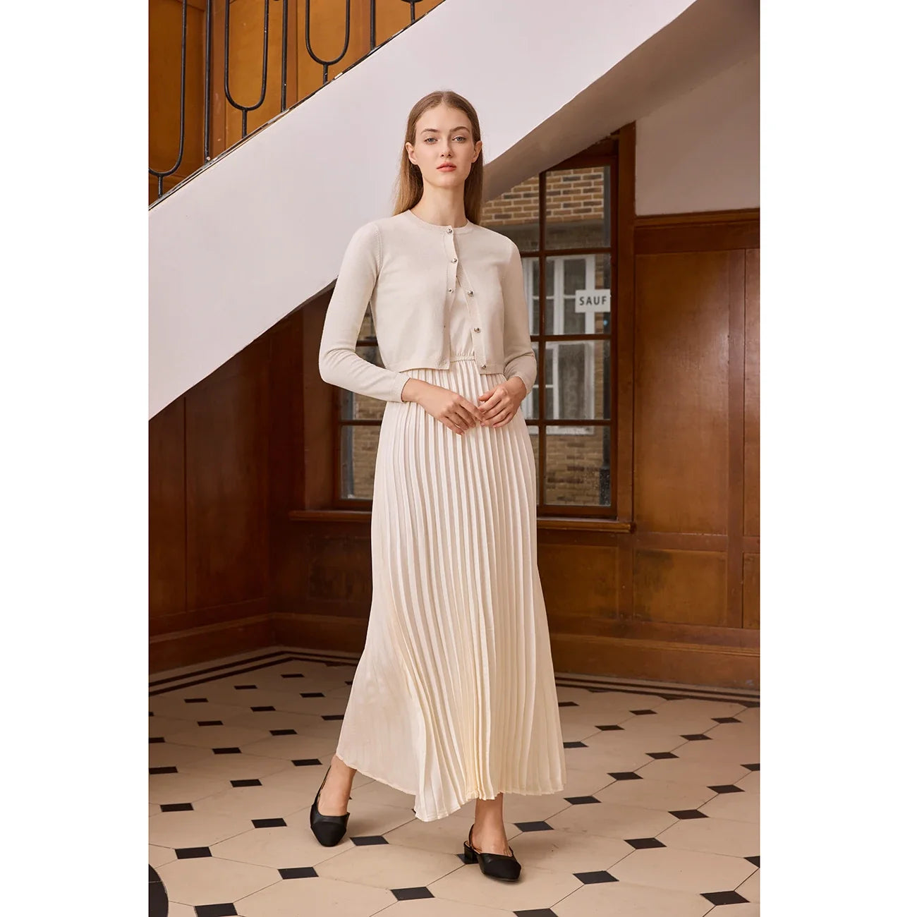 Women 2026 Autumn and Winter New Design Shine Cardigan and Pleated Slip Dress Elegant Lady Clothing