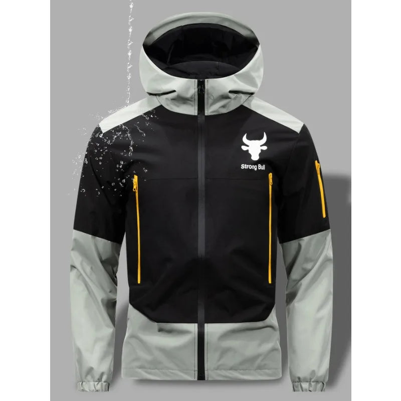 Men's Windproof Waterproof Hooded Jackets Big Pockets High Street Print Outdoor Windbreaker Coat for Hiking Trekking Streetwear