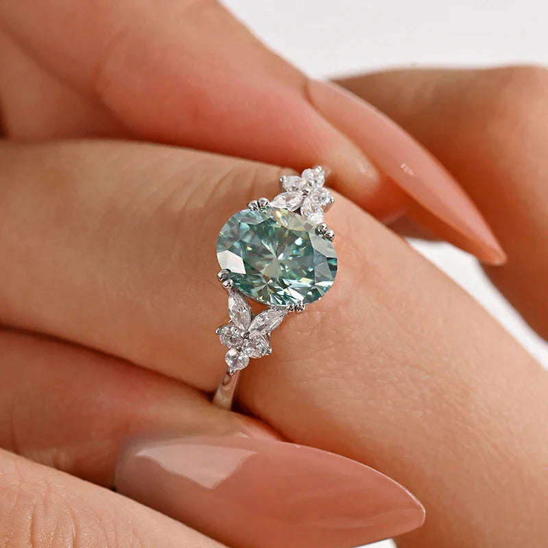 Blue-green 2CT Oval Cut All Moissanite Rings for Women Female Luxury Quality Jewelry S925 Sterling Silver Wedding Band