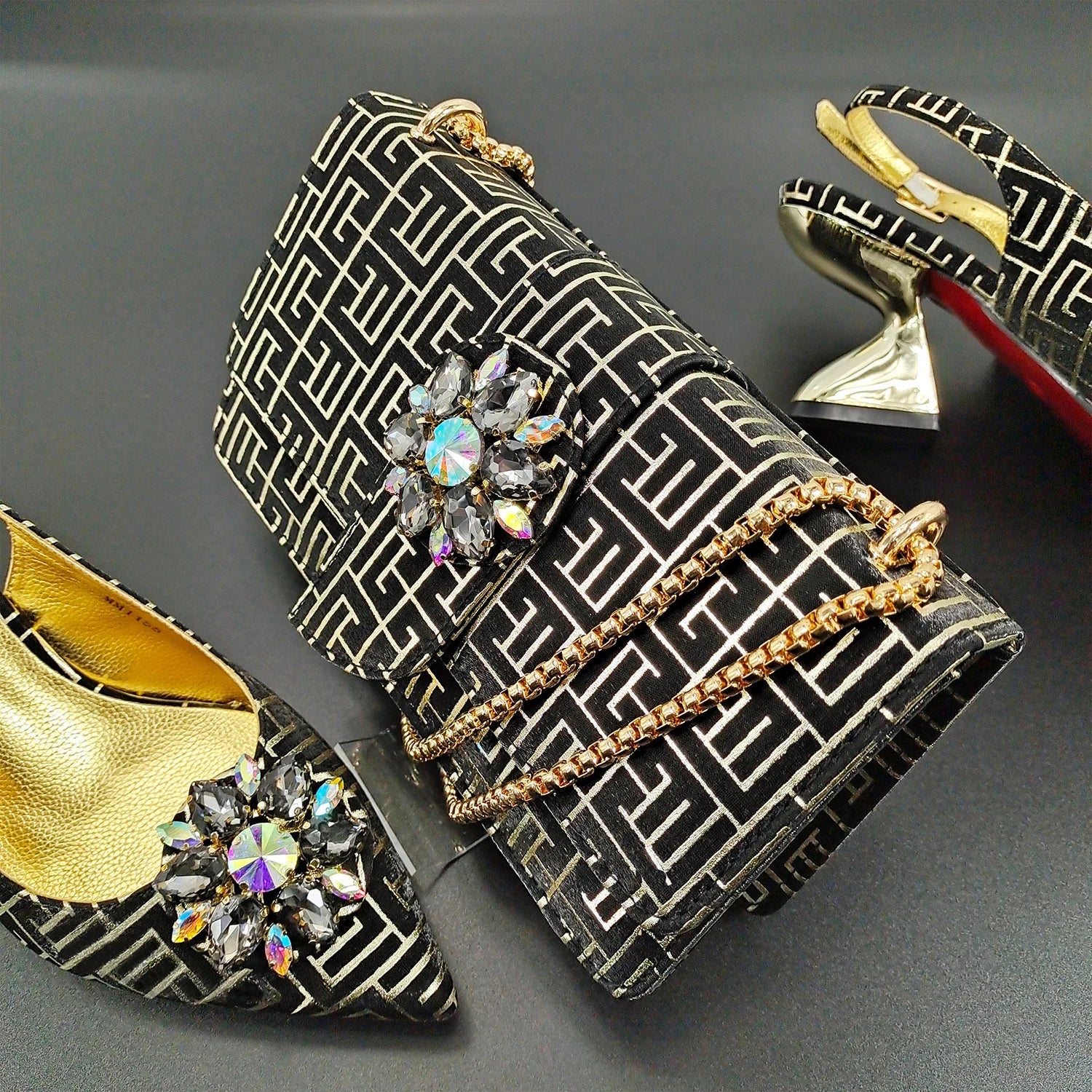 Peep Toe Ladies Shoes Matching Bag Set For Women