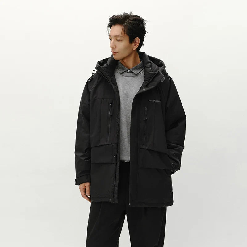 Down Jacket Men Mid-Length Hooded Sport Colorblock 2026 Winter Man Clothes Warm Outerwear Windproof Warm Colorblock Design