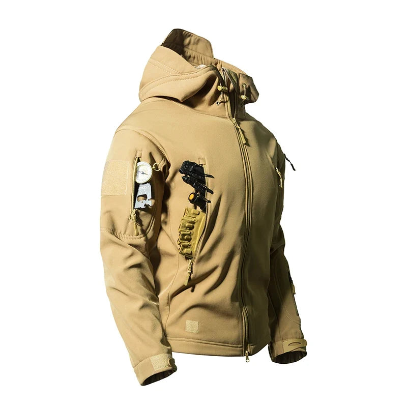 Mens Winter Autumn Warm Cargo Fleece Jackets Sharkskin Military Hood Windproof Outdoor Coats Hiking Camping Climbing Tactical