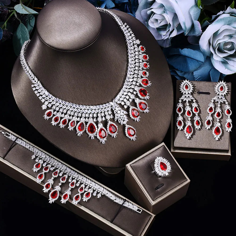 Luxury Elegant 4 PCS Necklace Earrings Bracelet Ring for Noble Luxury Women Bridal Wedding Party Show Jewelry Sets