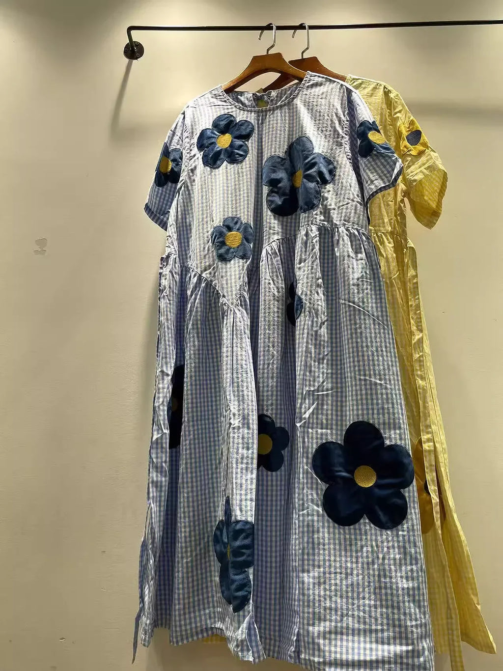 2026 girl sweet blue yellow striped floral embroider patchwork dress for women summer Japan style 100% cotton long dress