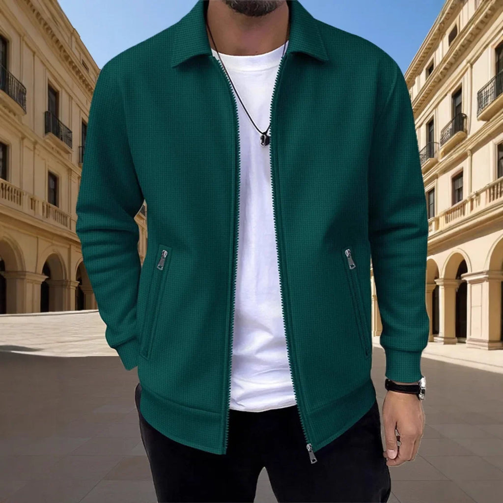 Men's Slim-fit Cardigan Solid-color Lapel Waffle Texture Zipper Pocket Casual Spring/Autumn 2025 Fashion