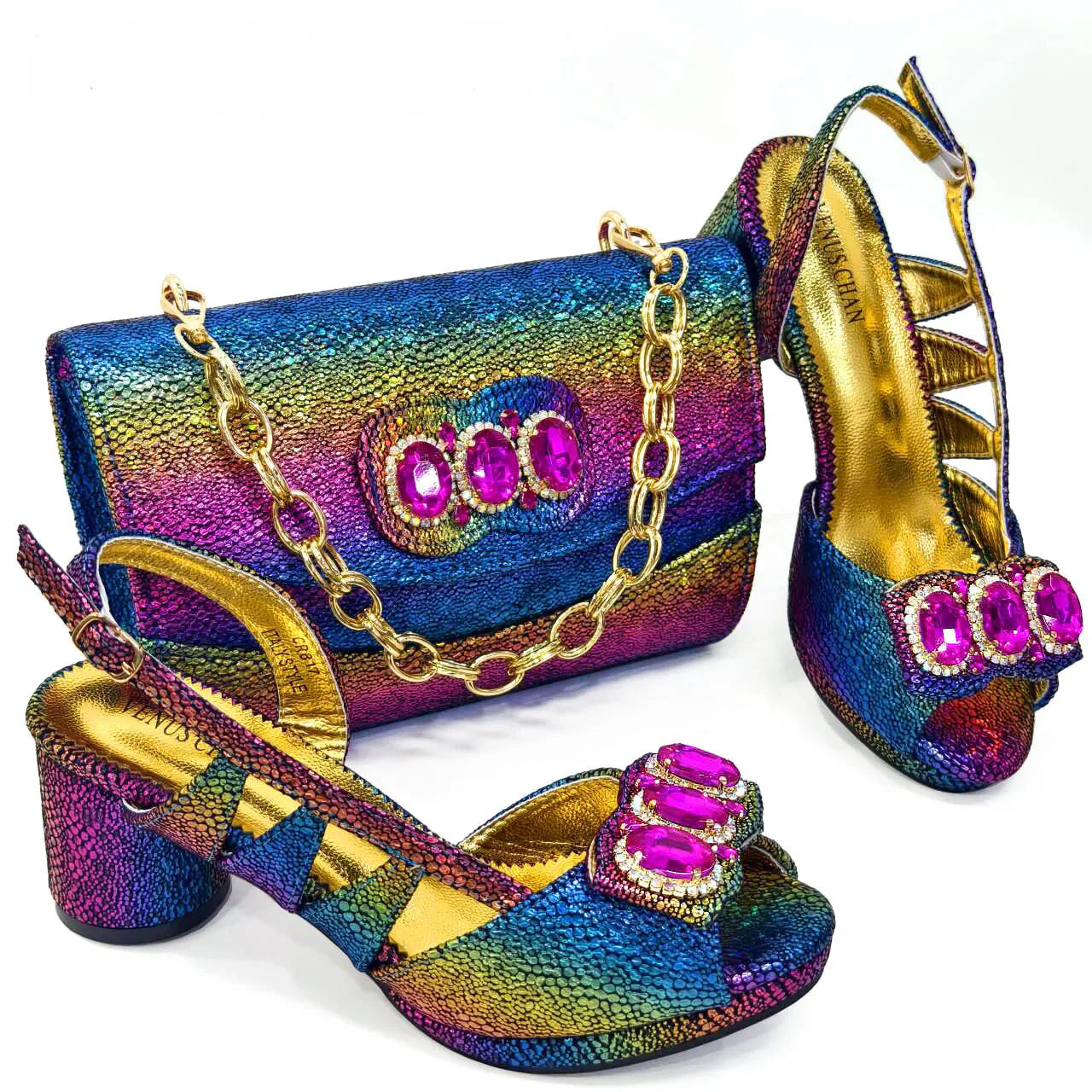 Shiny Peep Toe Women Chunky Heel Fashion Rhinestone Decoration Shoes And Bag Set