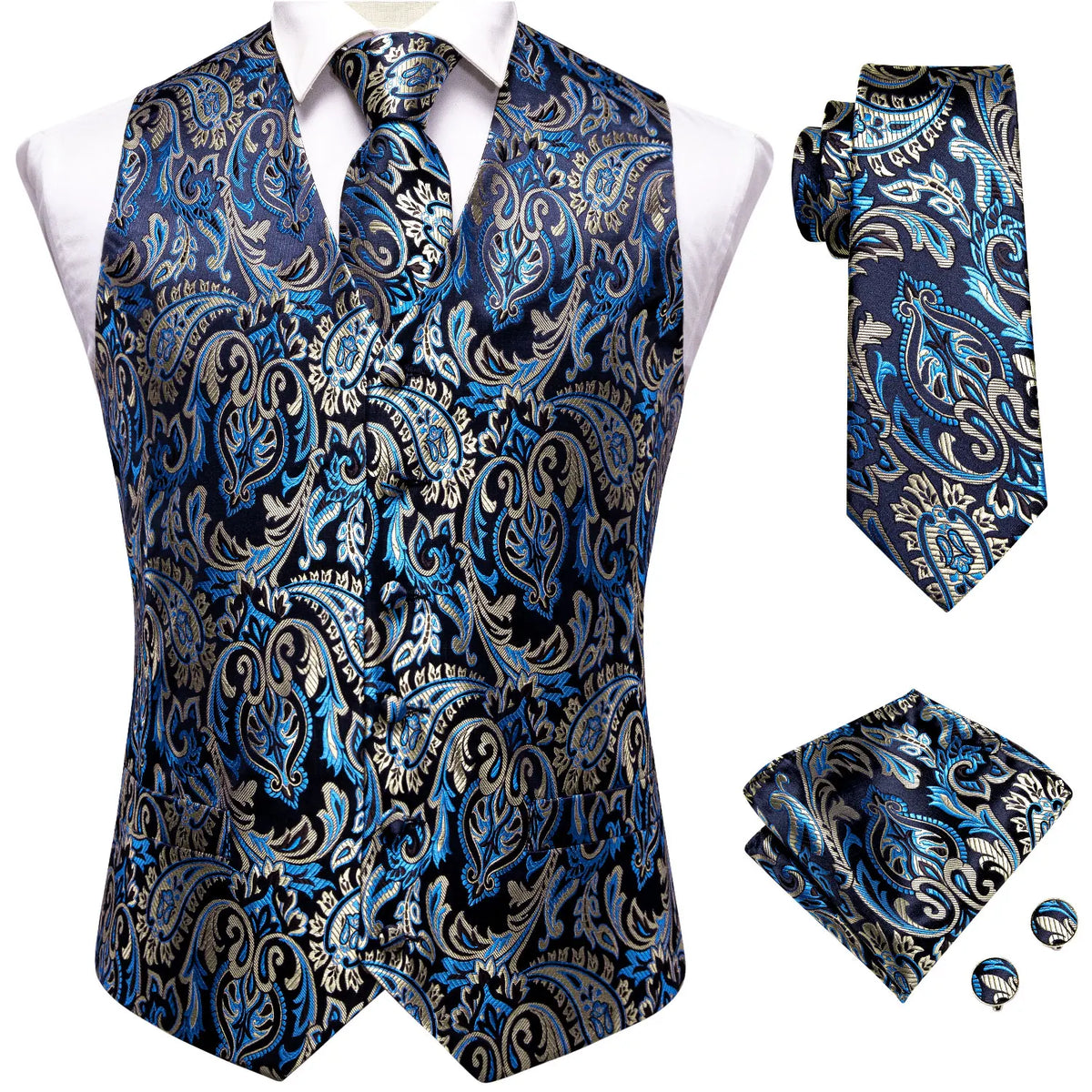Sky Navy Royal Blue Mens Waistcoat Tie Set Sleeveless Jacket Vest Necktie Hanky Cufflinks Wedding Business Oversized Gift
