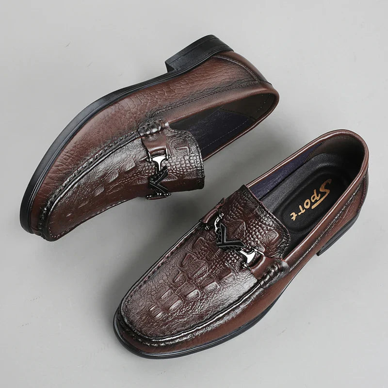 High Quality Round Toe Breathable Loafers Fashionable Brand Men's Comfortable Crocodile Patterned Casual Cowhide and Bean Shoes