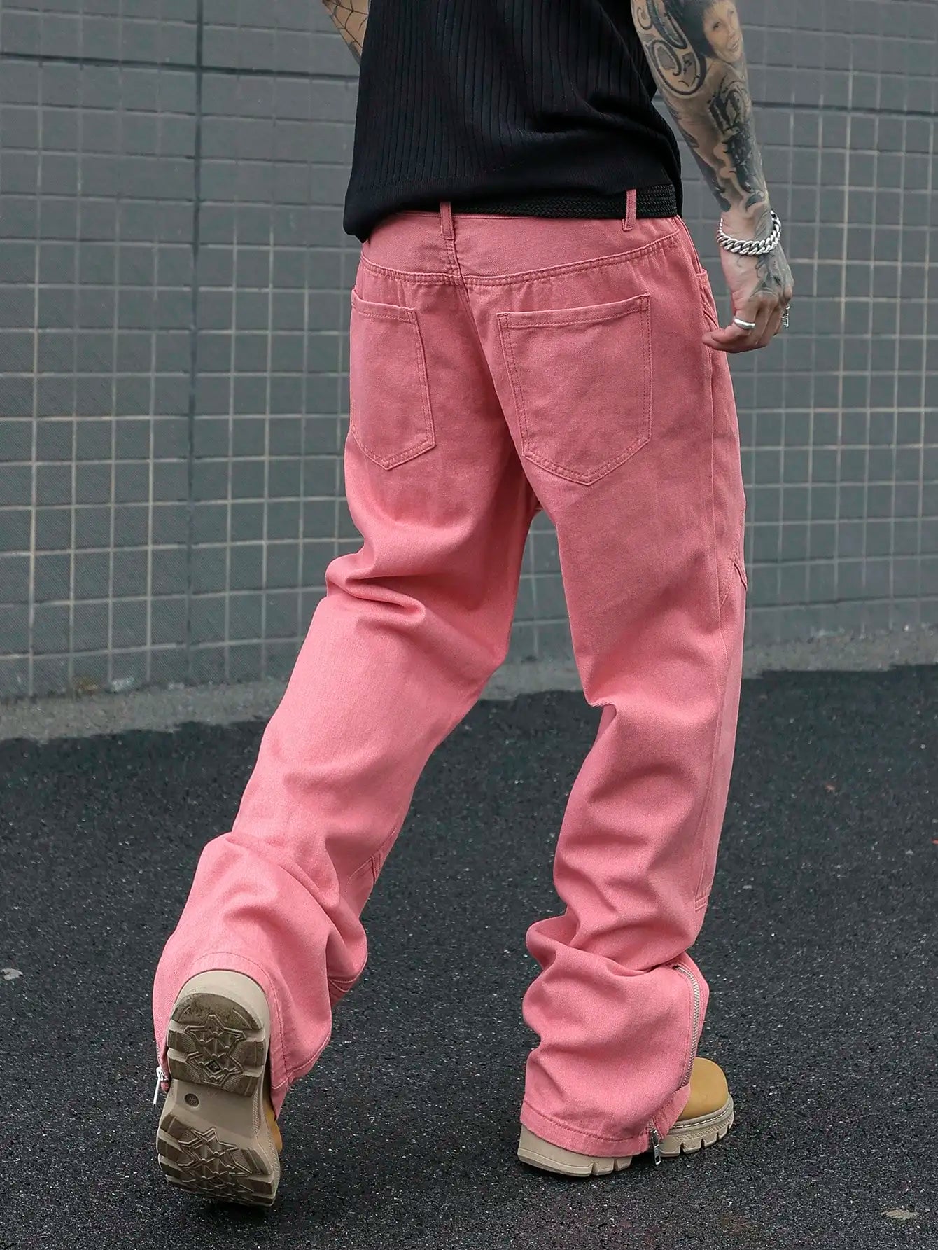 Men's Pink Patchwork Flared Jeans, Street Trend, Suitable for All Seasons