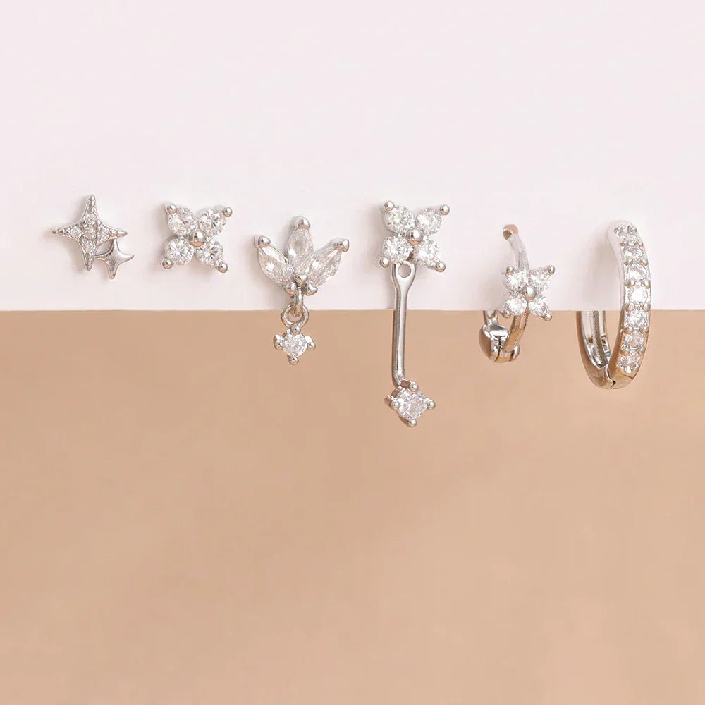 6PCS Fashion Cute Zircon Flower Ear Stud For Women Fashion 18K Gold Plated Star Ear Stud Earring Piercing Girl Set Jewelry Gift