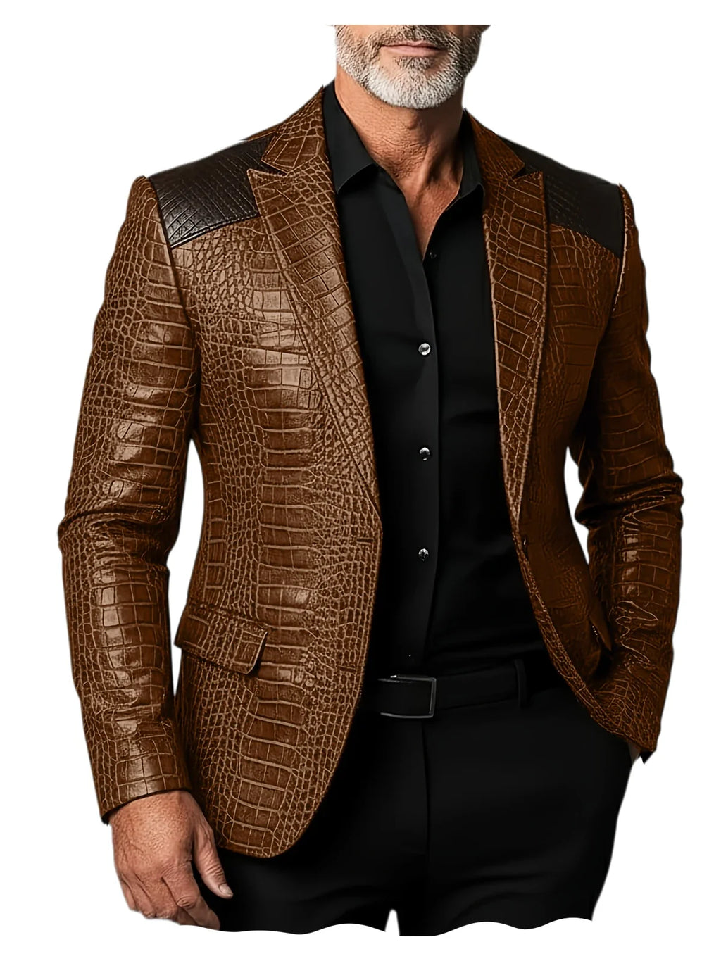 Men's Crocodile Pattern Leather Blazer Patchwork PU Leather Suit Jacket Notched Lapel Slim Fit Business Casual Coat Outerwear