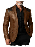 Men's Crocodile Pattern Leather Blazer Patchwork PU Leather Suit Jacket Notched Lapel Slim Fit Business Casual Coat Outerwear