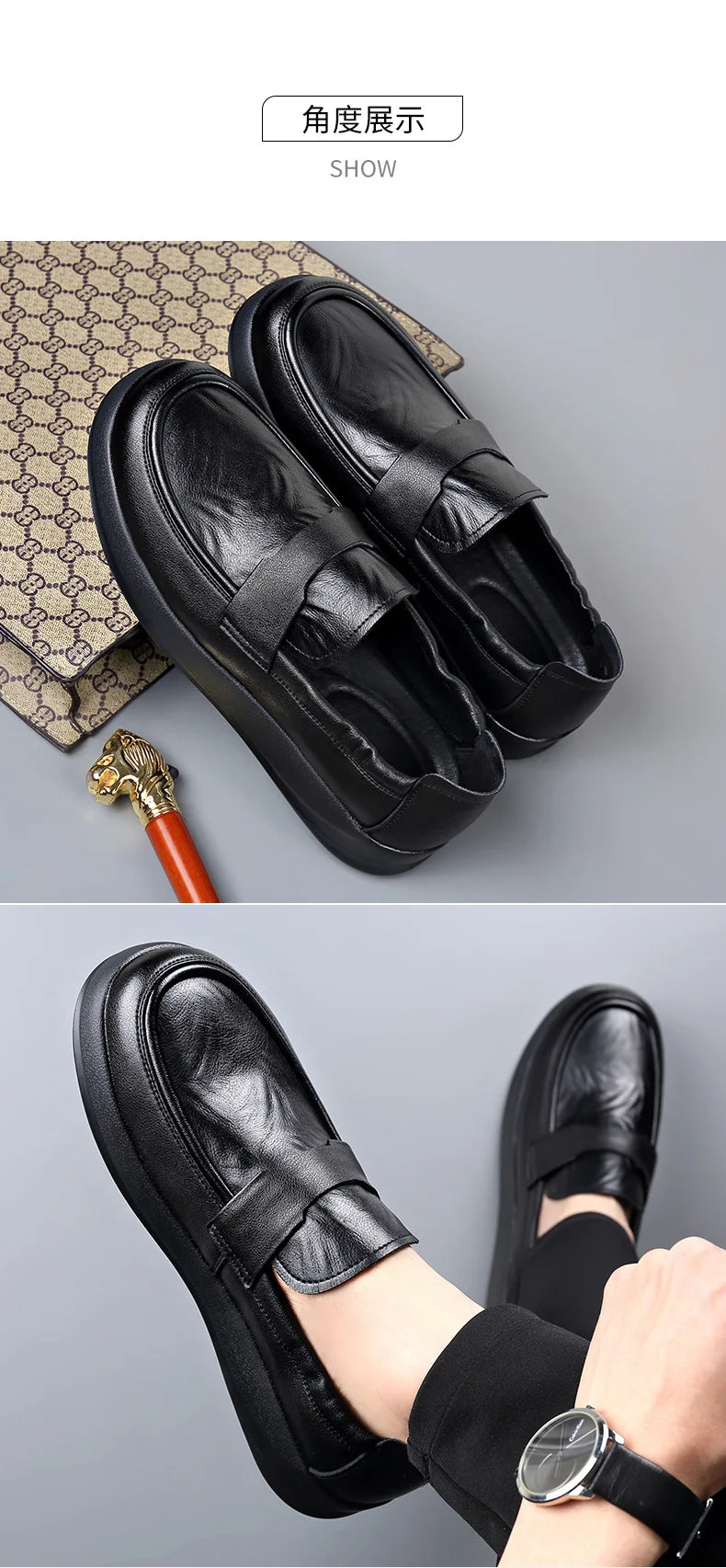Spring Summer New Genuine Leather Shoes Men Solid Color Fashion Loafers Male Soft Sole Anti-slip Height-increasing Loafers Man
