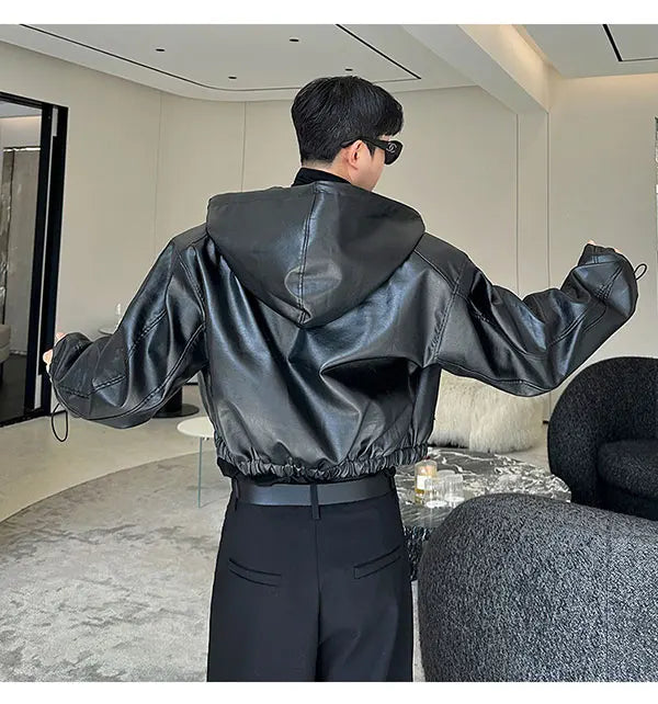Spring Autumn Short Waterproof Black Pu Leather Jacket Men Hood Zipper High Waist Loose Casual Korean Fashion 2025