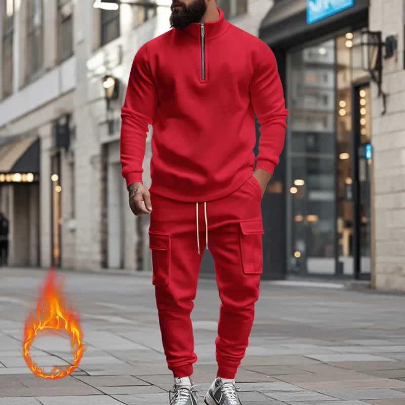 2024 autumn and winter men's casual velvet warm zipper sports trousers set