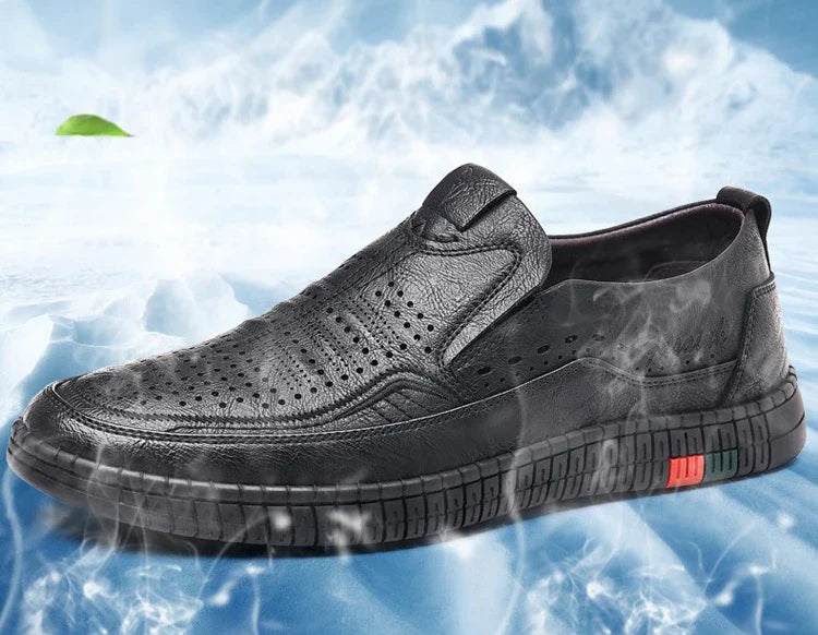 Summer New Breathable Hallow Leather Shoes for Men Solid Color Fashion Casual Driving Shoes Male Low Top Flat Shoes Man