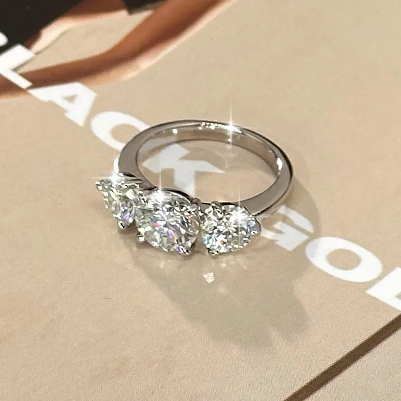 14k Gold Filled Three Stone Ring 8mm&6.5mm D Color Round Moissanite Certified Engagement Wedding Jewelry for Women Rings