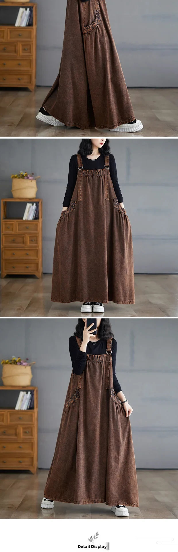 Retro Crtsmanip Loose Fit Slimming Denim Overalls Long Skirt Dr Spring Summer Autumn Winter A-Line Straight Cut Gown
