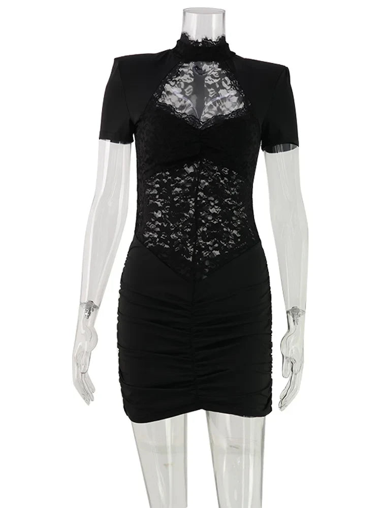 Lace Patchwork Hollow Out Women Dresses Short Sleeve Hip Wrap Sheath Trendy Hot Girl Sexy Club Outfits Female Bodycon