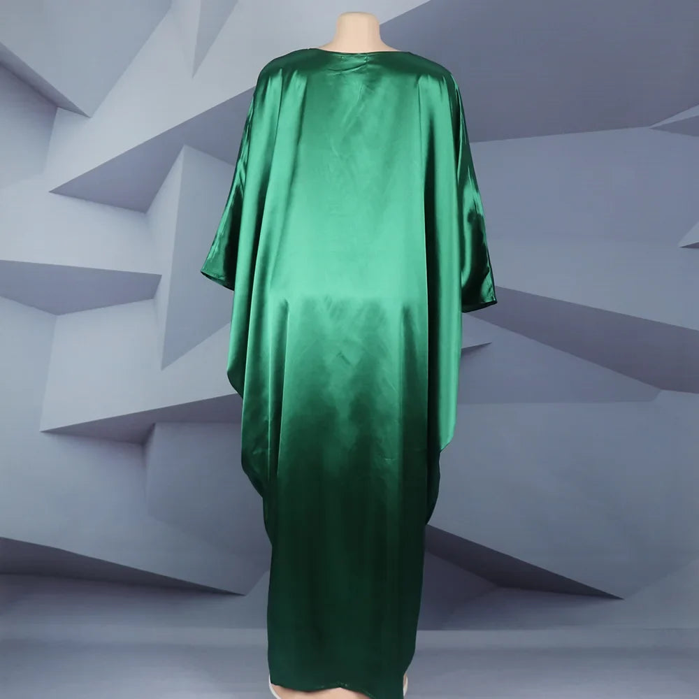 Fashion African Woman Large Size Bat Sleeve Dress Muslim Islamic Style Robe Imitation Silk Hot Fix Rhinestone