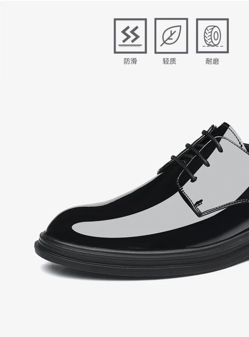 Mens Black Patent Leather Lace Up Dress Shoes With Thick Sole Platform Block Heel Formal Business Wedding Party Office Work Shoe