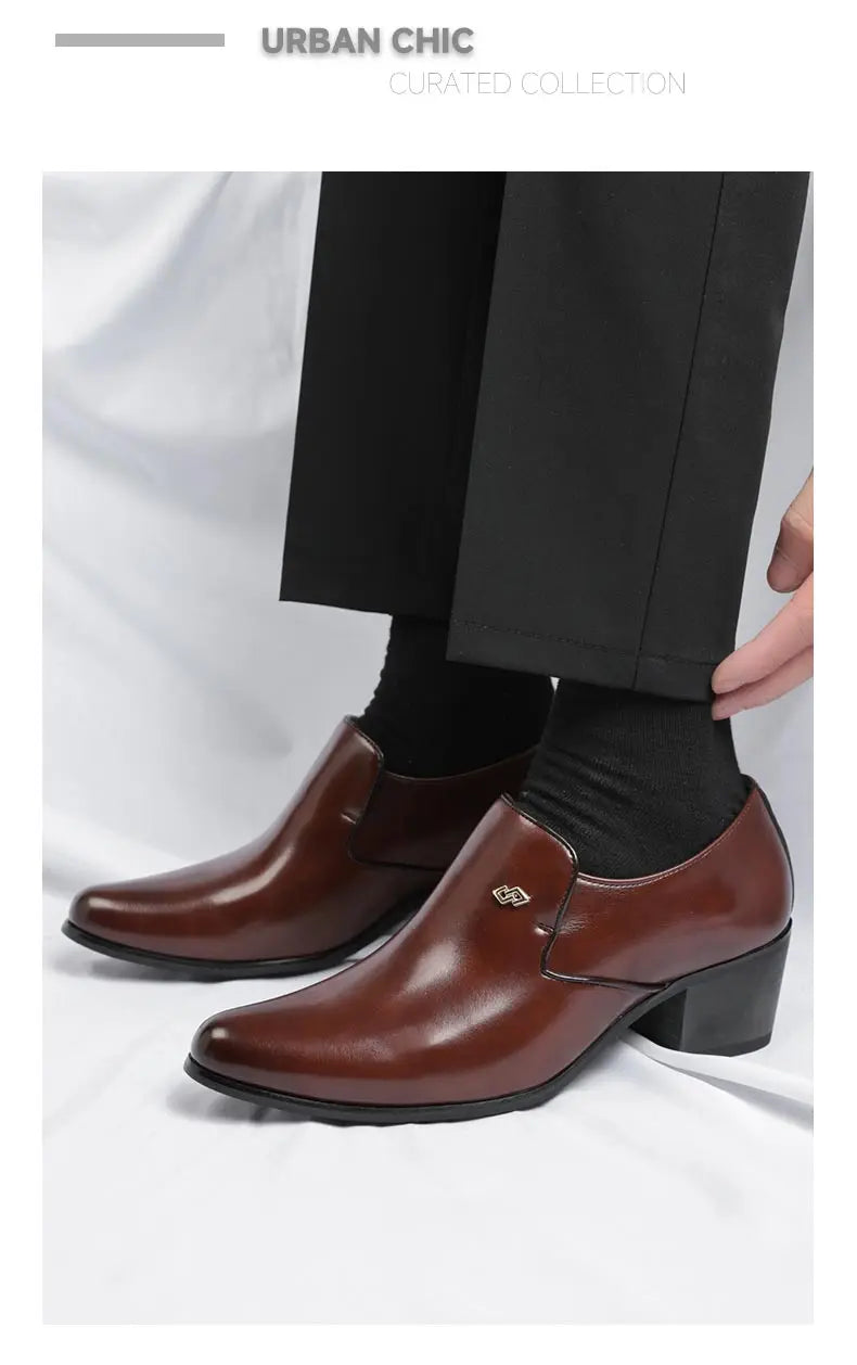 Premium Leather Men Shoes Slip On Loafers European Brand Business Casual Wedding Party Plaid Design Height Increasing