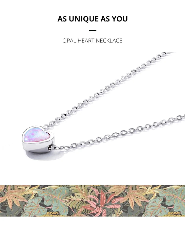 Genuine 925 Sterling Silver Opal Heart Pendant Necklace for Women Fine Jewelry Anniversary Gift