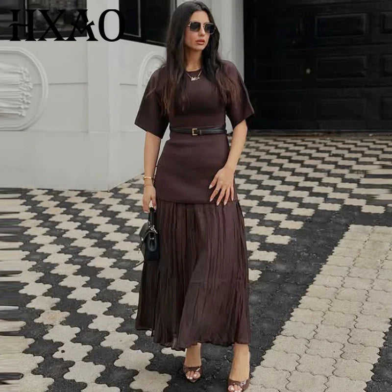 Womens Dresses Brown Pleated Dress Summer 2025 Elegant Knitted Short Sleeve Vestidos Chic Patchwork O-Neck Vacation Dresses