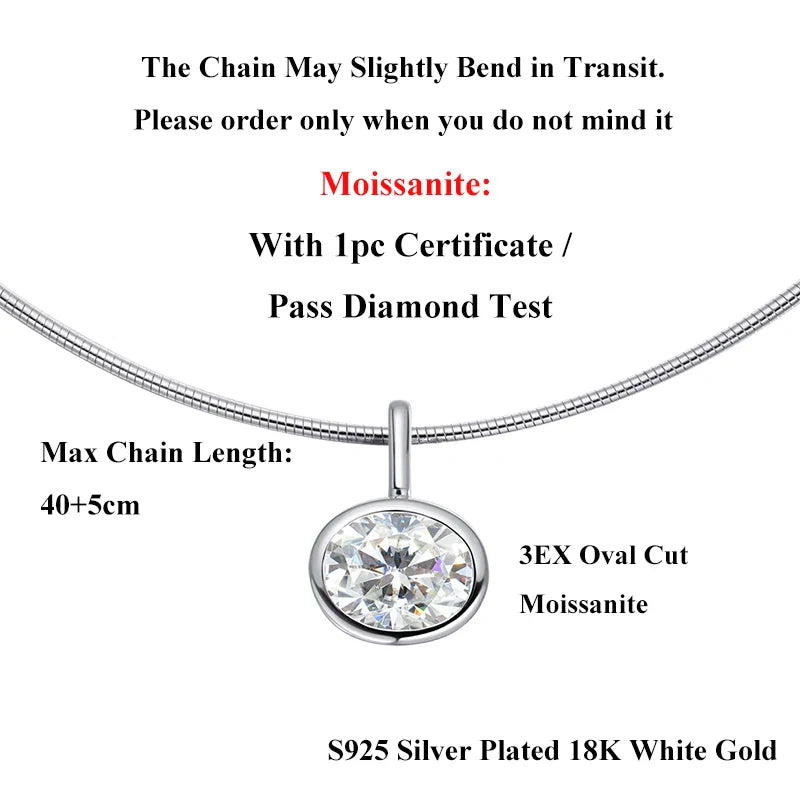 Solitaire Oval Cut Moissanite Pendant 2/3/4ct for Women s925 Silver Party Bridal 1.5mm Solid Choker Neck Chain Necklace
