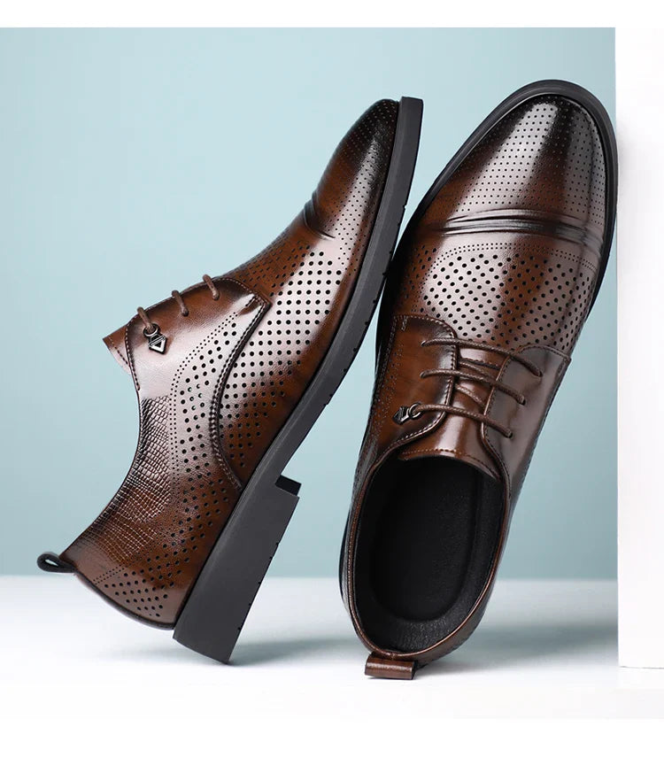 Men's Summer Breathable Leather Shoes Hollow out Fashionable Slip-On Comfortable Anti-Slip Soft Bottom Derby Shoes-SJ2501-1