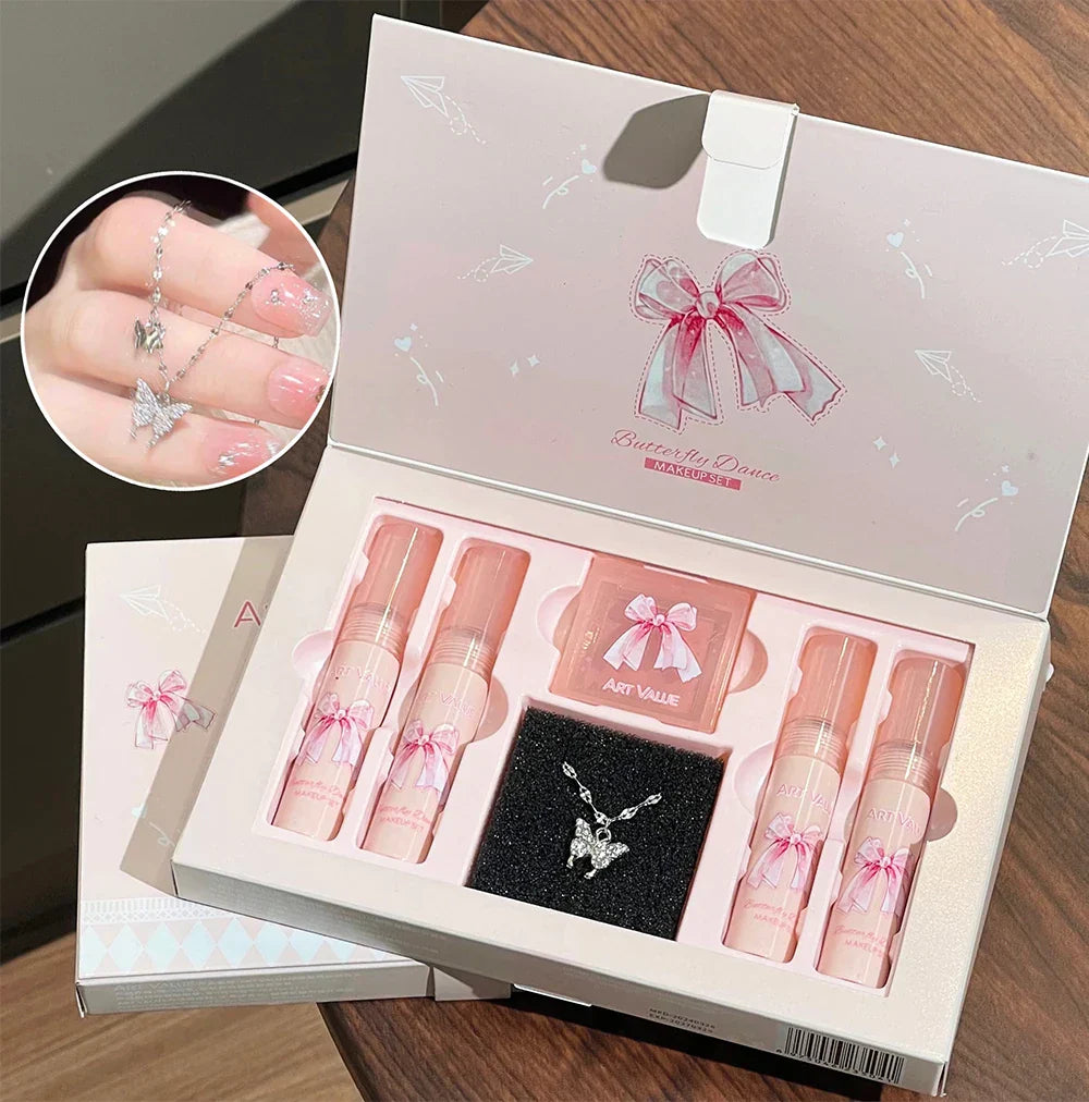 Makeup Sets Include 4Pcs Velvet Matte Lip Mud,1 Pc Blush Palette And 1 Necklace Gift Cosmetics Kits Lasting Lipgloss
