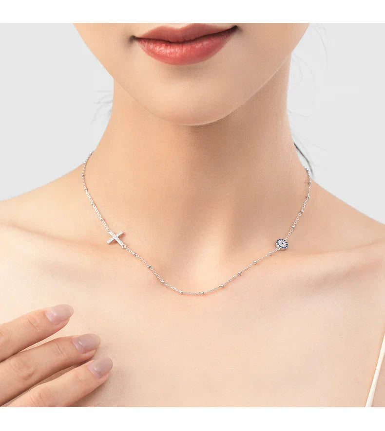 Simple Cross Beads Necklace Real 925 Sterling Silver Blue Zirconia Eye Link Chain Necklaces For Women Party Fine Jewelry